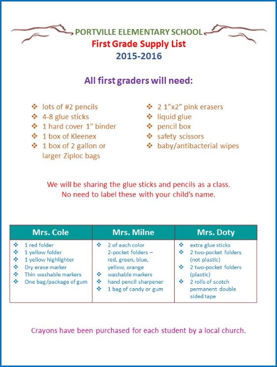 1st Grade School Supply List